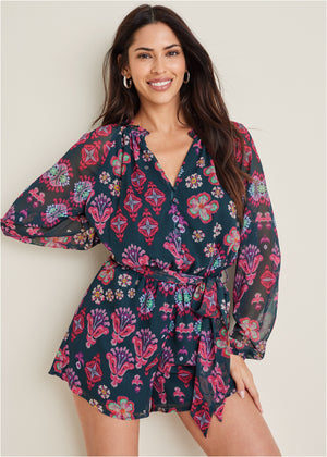 Crinkle Chiffon Romper - Modern Folk Floral - thumbnail-1