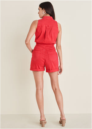 Twill Utility Romper - Scarlet - thumbnail-2