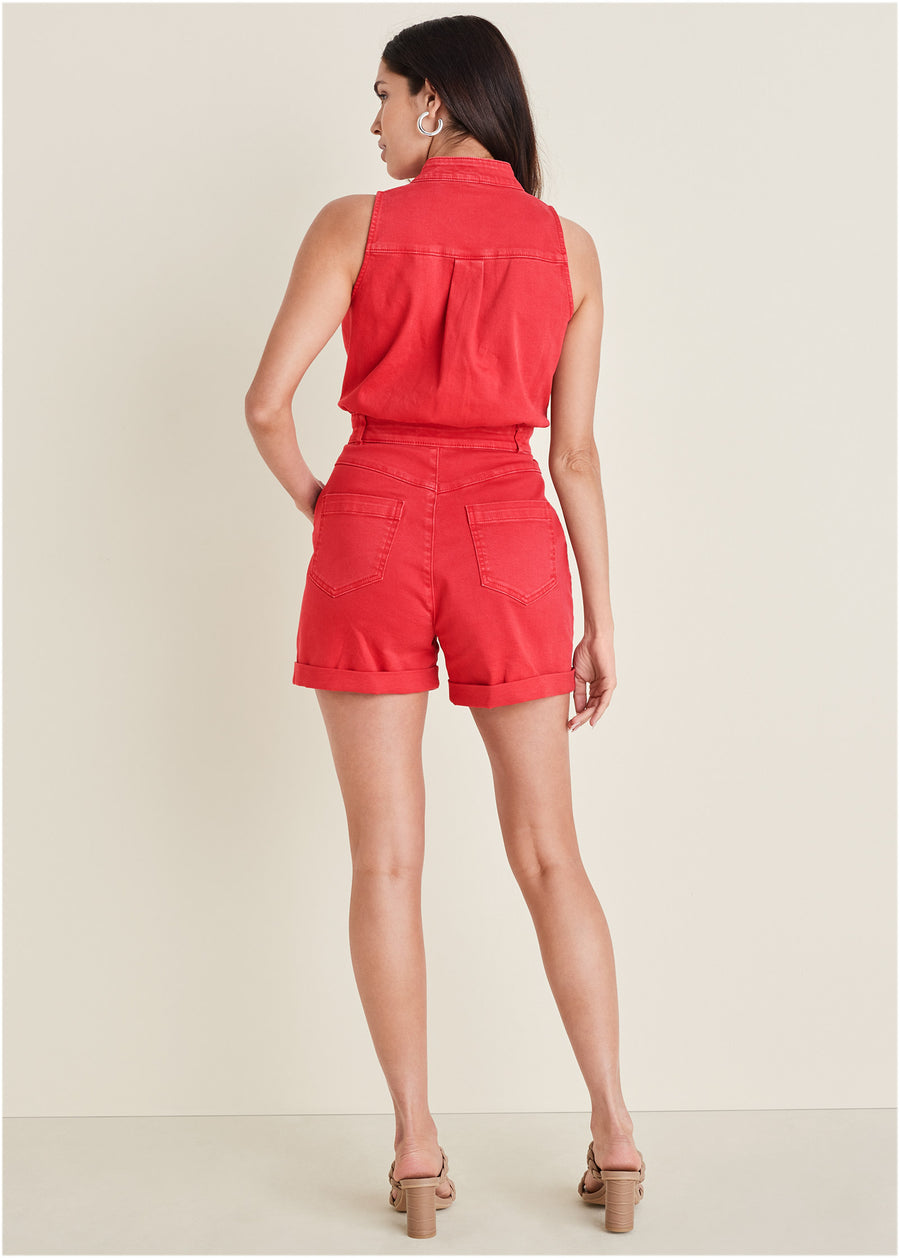 Twill Utility Romper - Scarlet