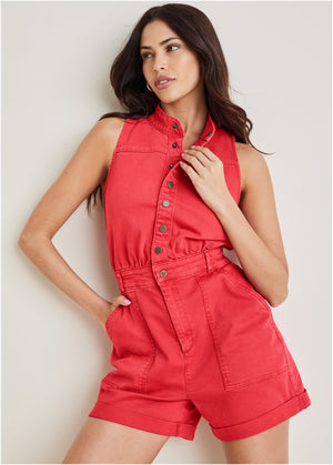 Twill Utility Romper - Scarlet - thumbnail-1