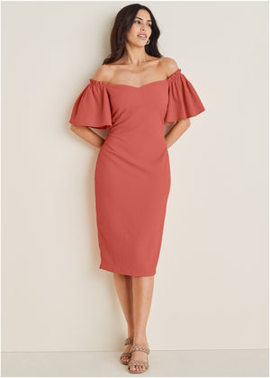 Fluted Satin Midi Dress - Burnt Orange - thumbnail-1