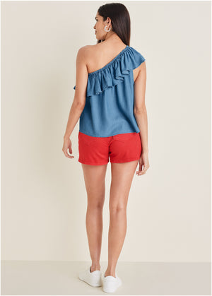 Chambray Ruffle Top - Medium Wash - thumbnail-2