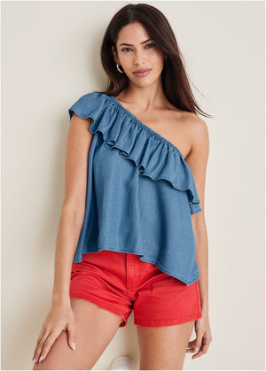 Chambray Ruffle Top - Medium Wash - thumbnail-1