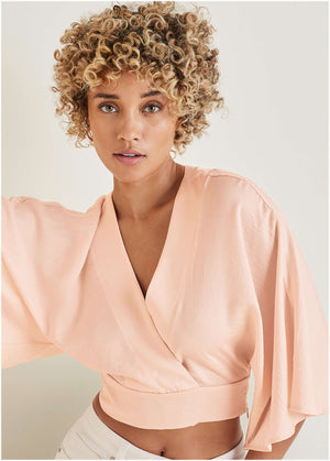 Kimono Sleeve Faux Wrap Top - Blush - thumbnail-4