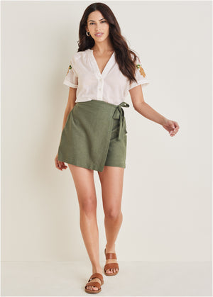 Wrap Linen Skort - Olive - thumbnail-1