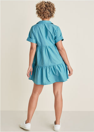 Cotton Poplin Tiered Dress - Blue - thumbnail-2