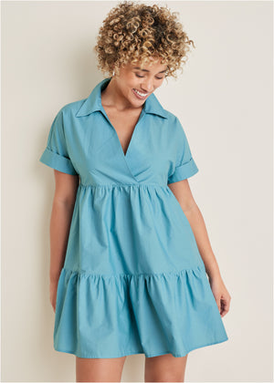 Cotton Poplin Tiered Dress - Blue - thumbnail-4