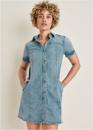 Denim mini dress - Light Wash - thumbnail-1