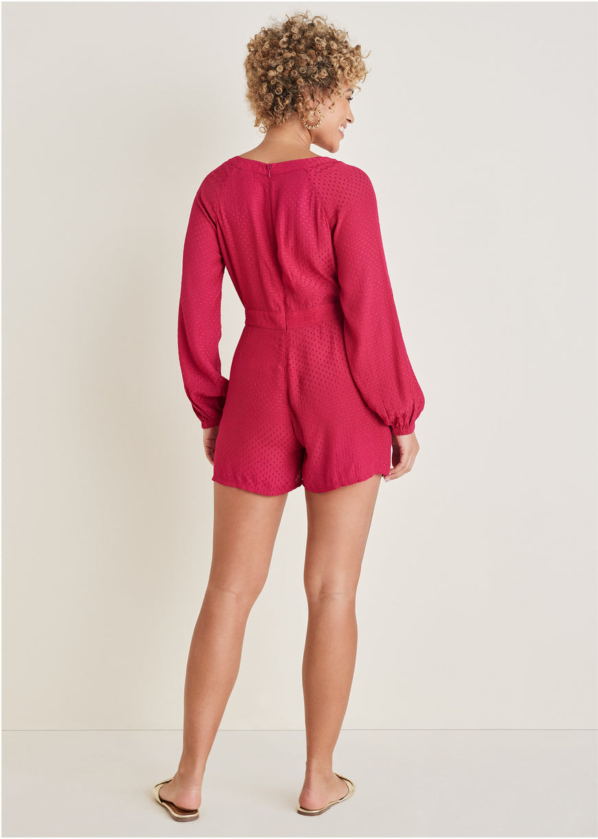 Swiss Dot Tie-Front Romper - Red