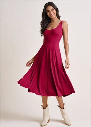 Midi Dress With Pockets - Red - thumbnail-1