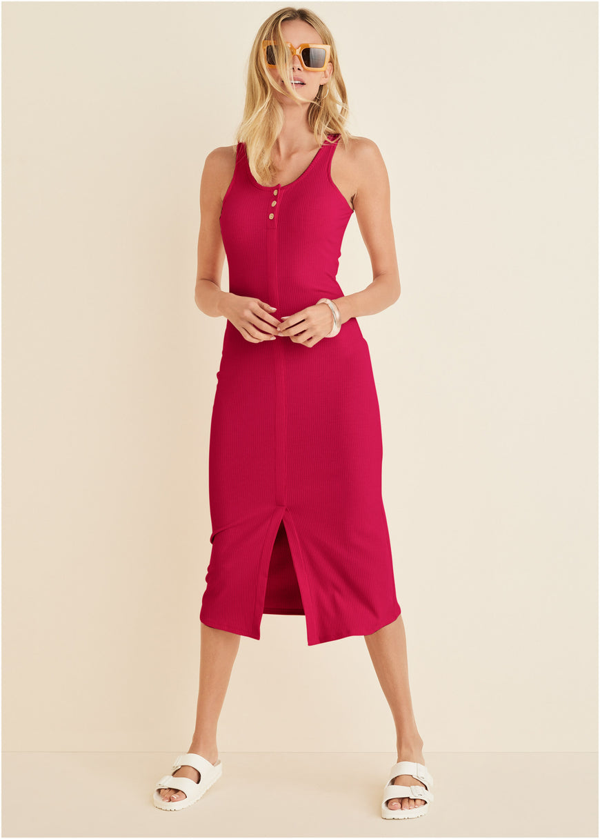 Henley Midi Dress - Dark Pink