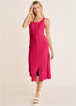 Henley Midi Dress - Dark Pink - thumbnail-1