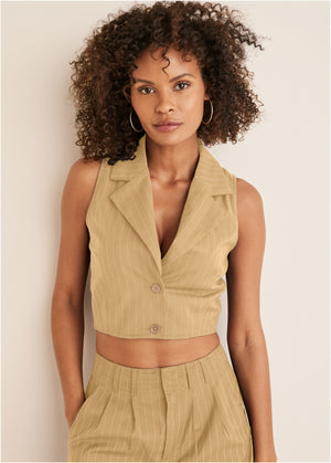 Sleeveless Cropped Suit Set - Camel - thumbnail-5