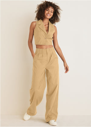 Sleeveless Cropped Suit Set - Camel - thumbnail-1