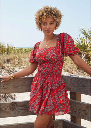 Cotton Voile Mini Dress - Bandana Red - thumbnail-1