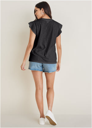 Ruffle sleeve tee - Black - thumbnail-2