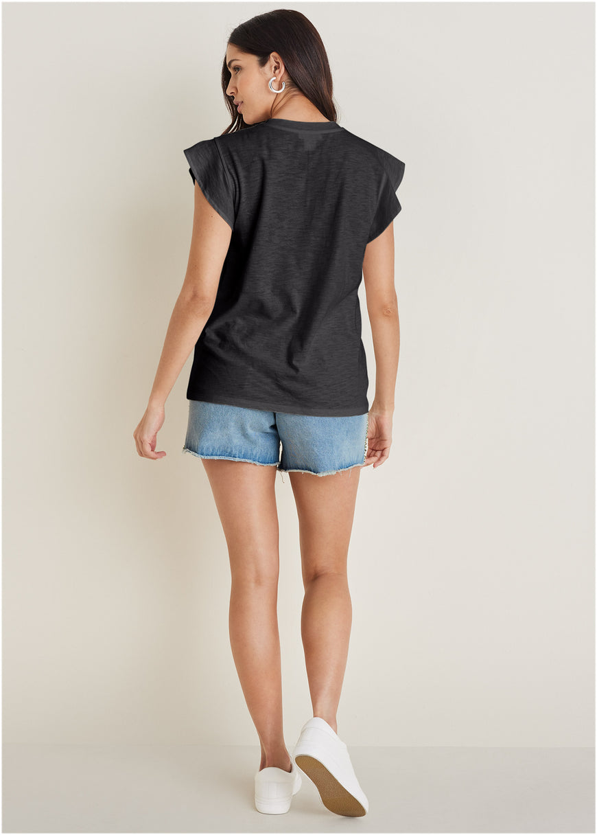 Ruffle Sleeve Tee - Black