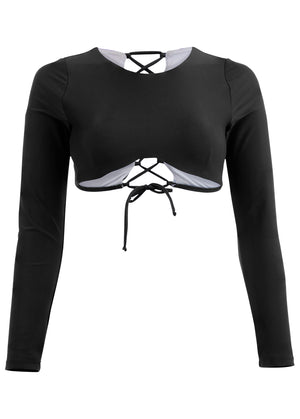 Lace-Up Rash Guard Top - Black Beauty - thumbnail-4