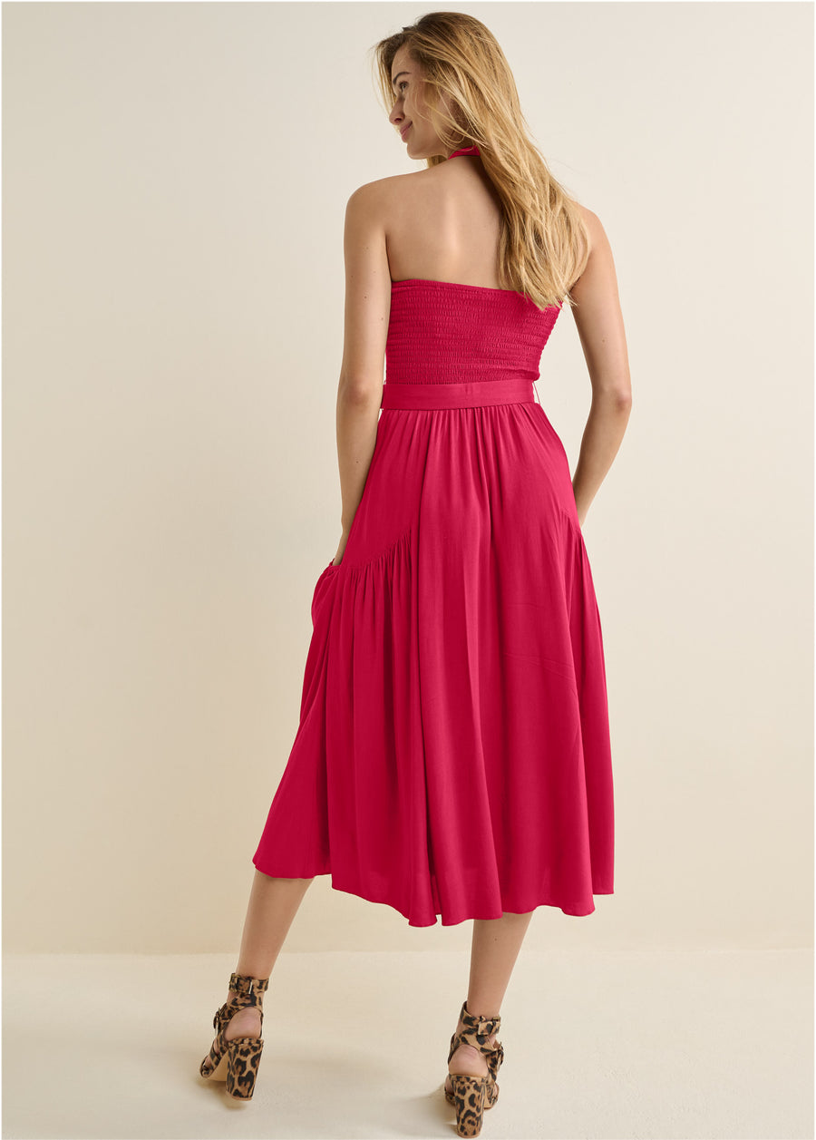 Robe midi dos nu ceinturée - Rouge