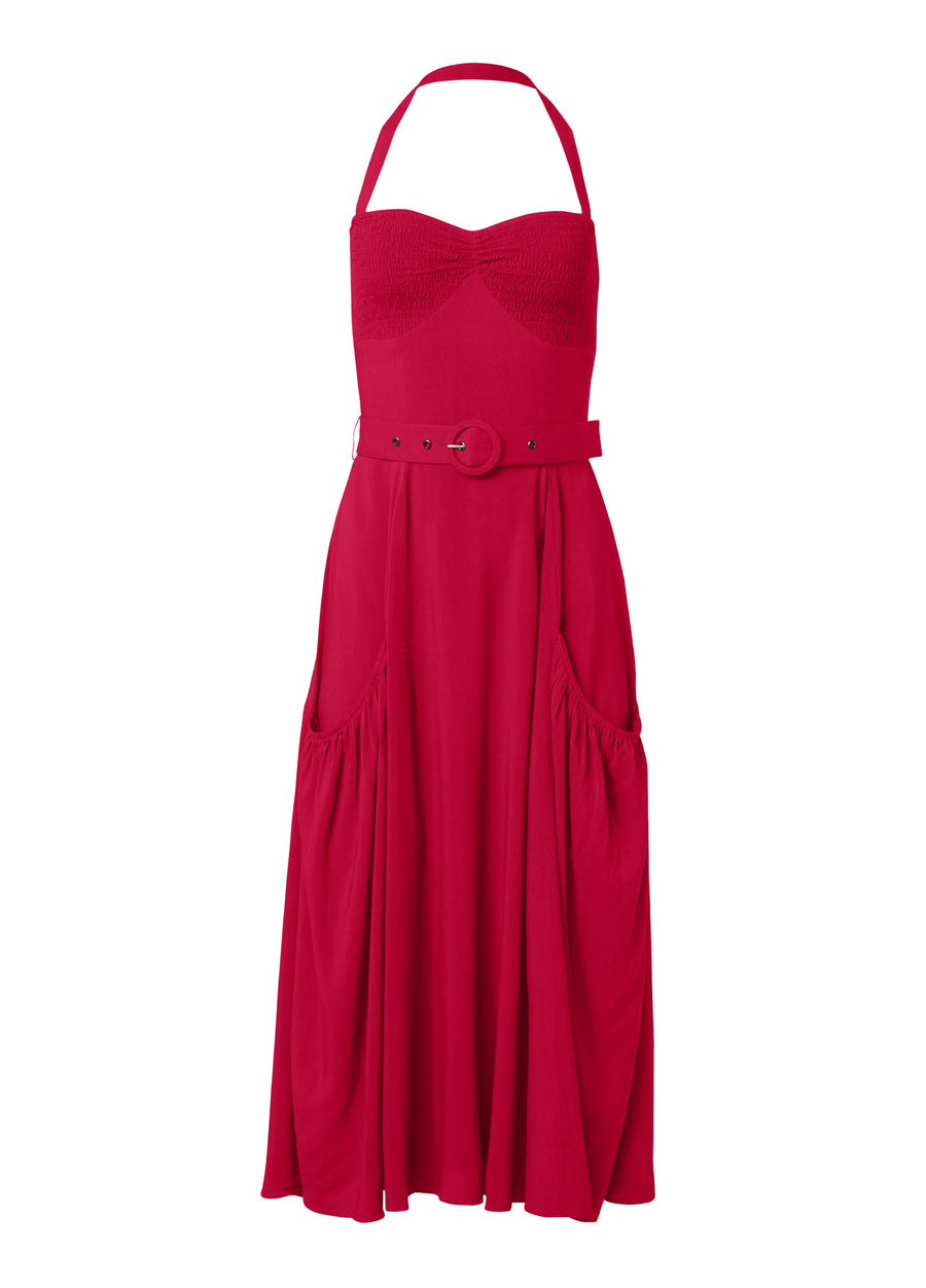 Belted Halter Midi Dress - Red