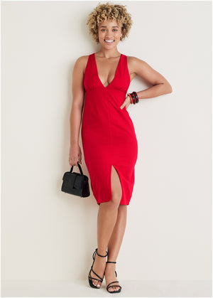 Linen deep V dress - Red - thumbnail-1