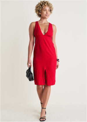 Linen deep V dress - Red - thumbnail-4