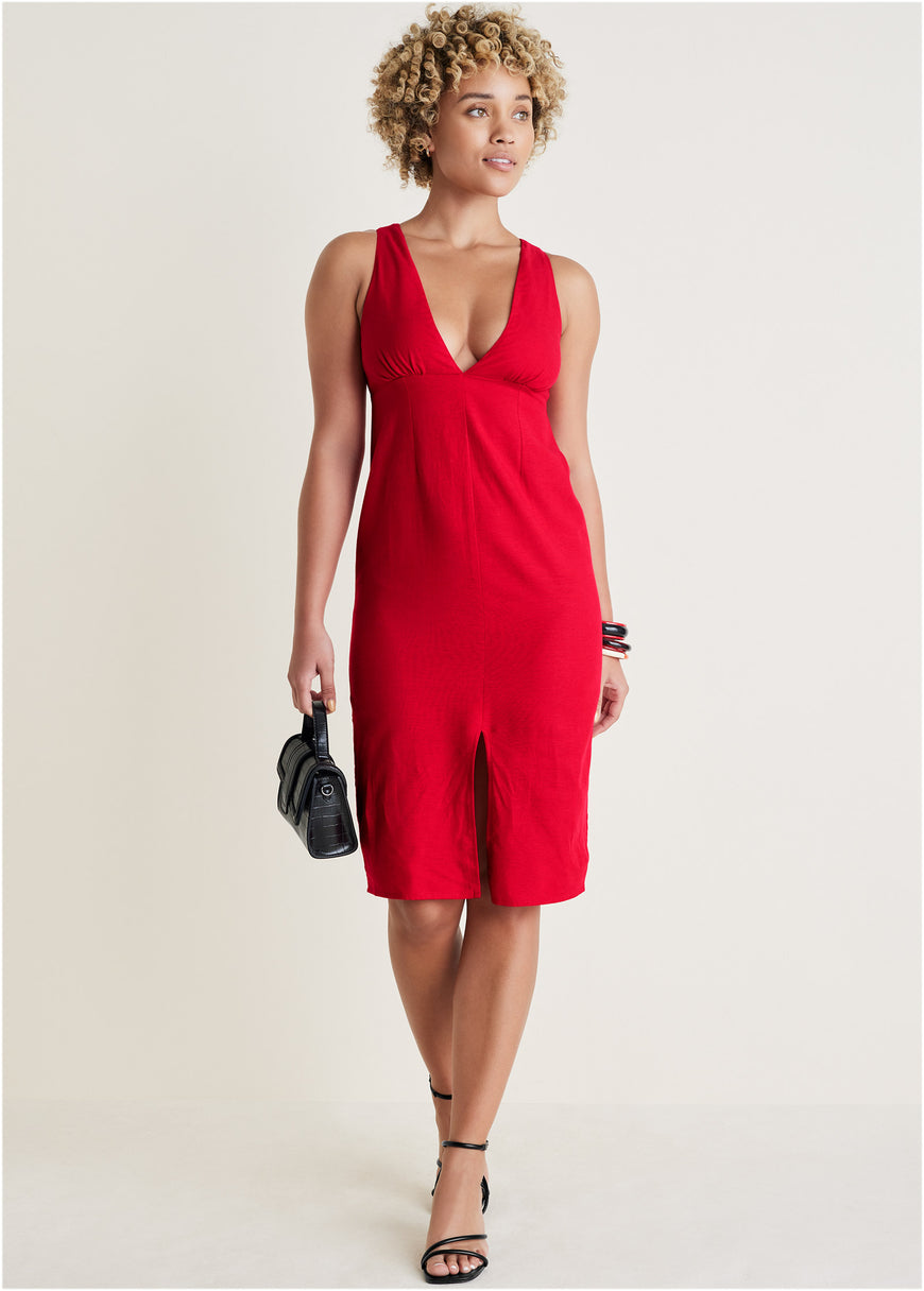 Linen Deep V Dress - Red