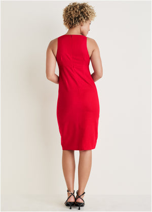 Linen Deep V Dress - Red - thumbnail-2