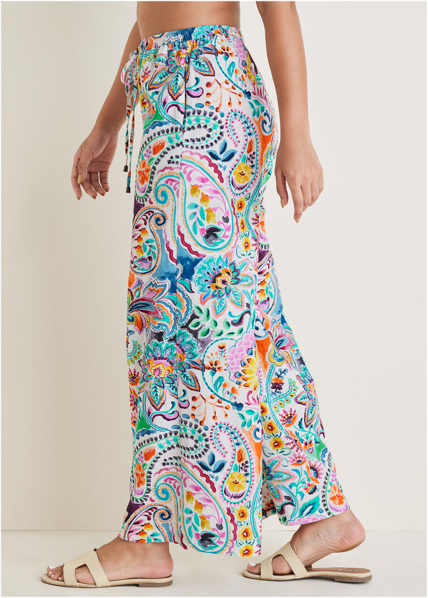 Cotton Linen Wide Leg Pants - Fiesta Floral