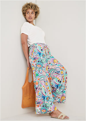 Cotton Linen Wide Leg Pants - Fiesta Floral - thumbnail-1