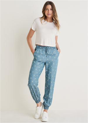 Printed Chambray Joggers - Light Wash - thumbnail-1