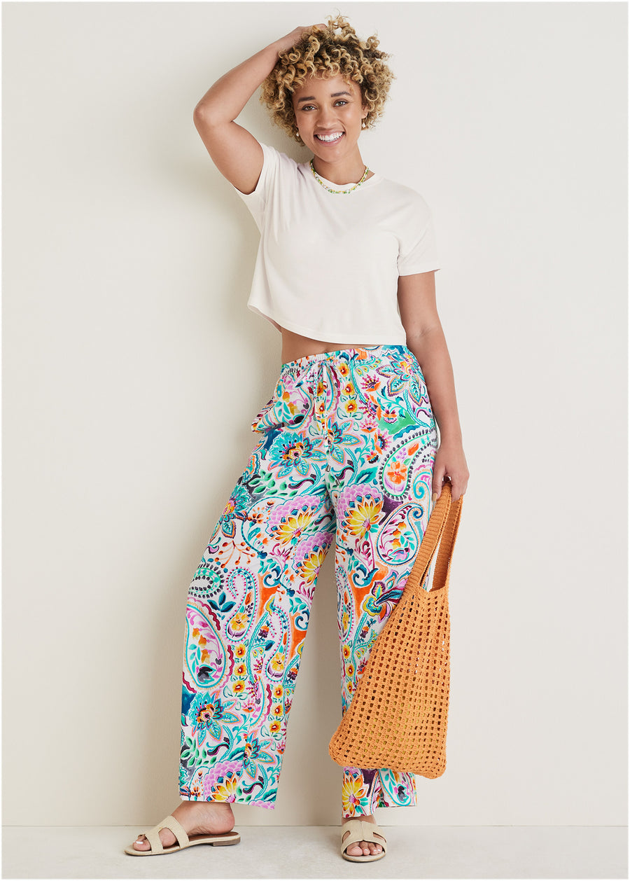 Cotton Linen Wide Leg Pants - Fiesta Floral