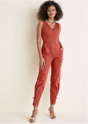 Twill Utility Jumpsuit - Burnt Orange - thumbnail-1