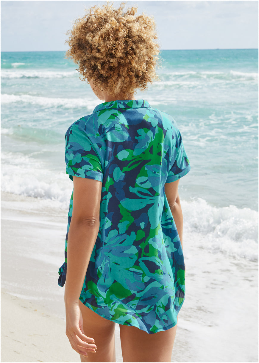 Chemise boutonnée de plage - Bleu floral du désert