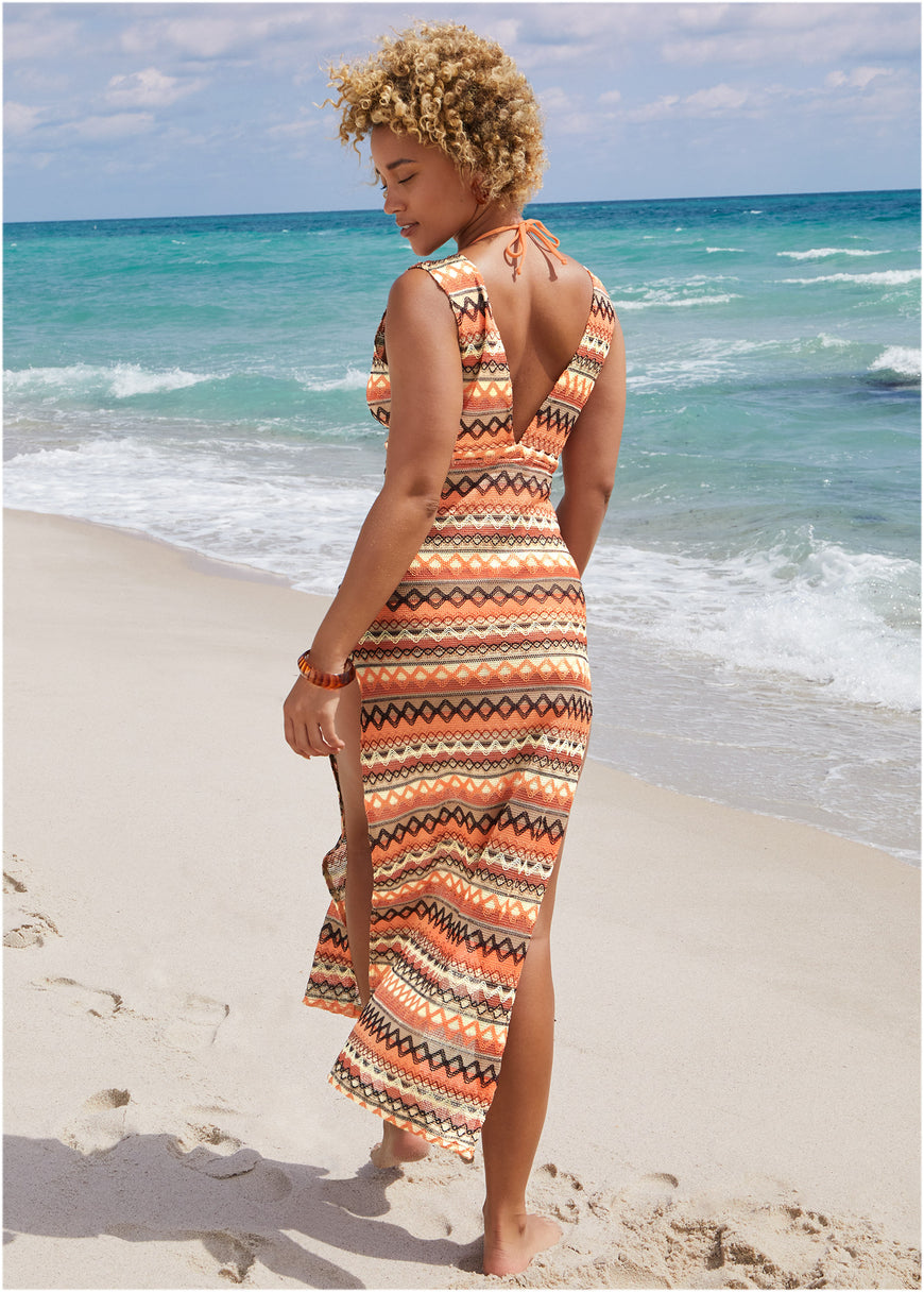 Crochet Maxi Cover-Up Dress - Tan Combo