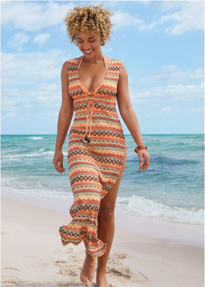 Crochet maxi cover-up dress - Tan Combo - thumbnail-1