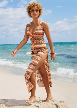 Crochet maxi cover-up dress - Tan Combo - thumbnail-5