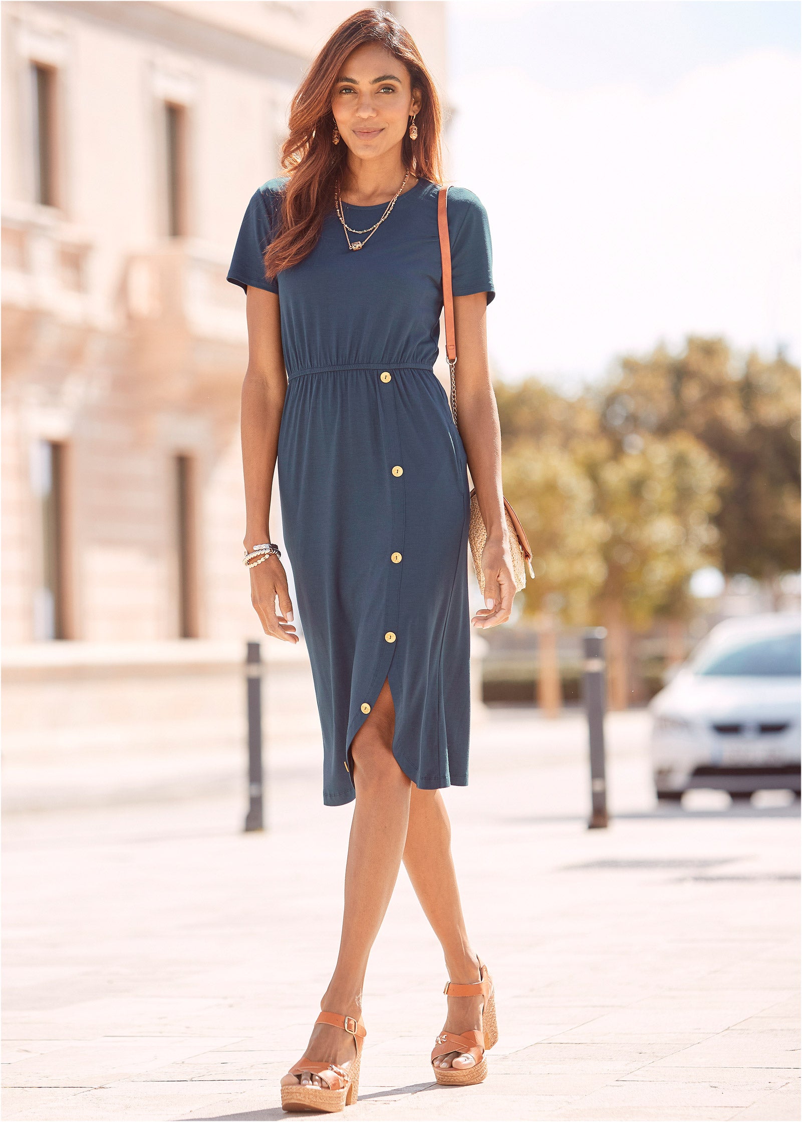 Button Detail Midi Dress - Blue