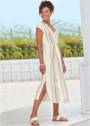 V-Neck Faux-Wrap Dress - White Multi - thumbnail-1