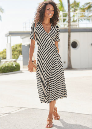 Faux Wrap Midi Dress - Black & White - thumbnail-1