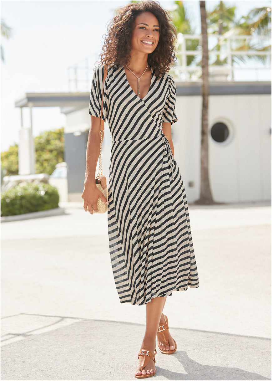 Faux Wrap Midi Dress - Black & White