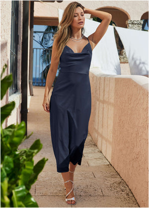 Cowl Neck Slip Dress - Navy - thumbnail-1