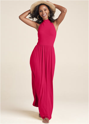 High Neck Maxi Dress - Dark Pink - thumbnail-1