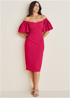 Fluted Satin Midi Dress - Dark Pink - thumbnail-1