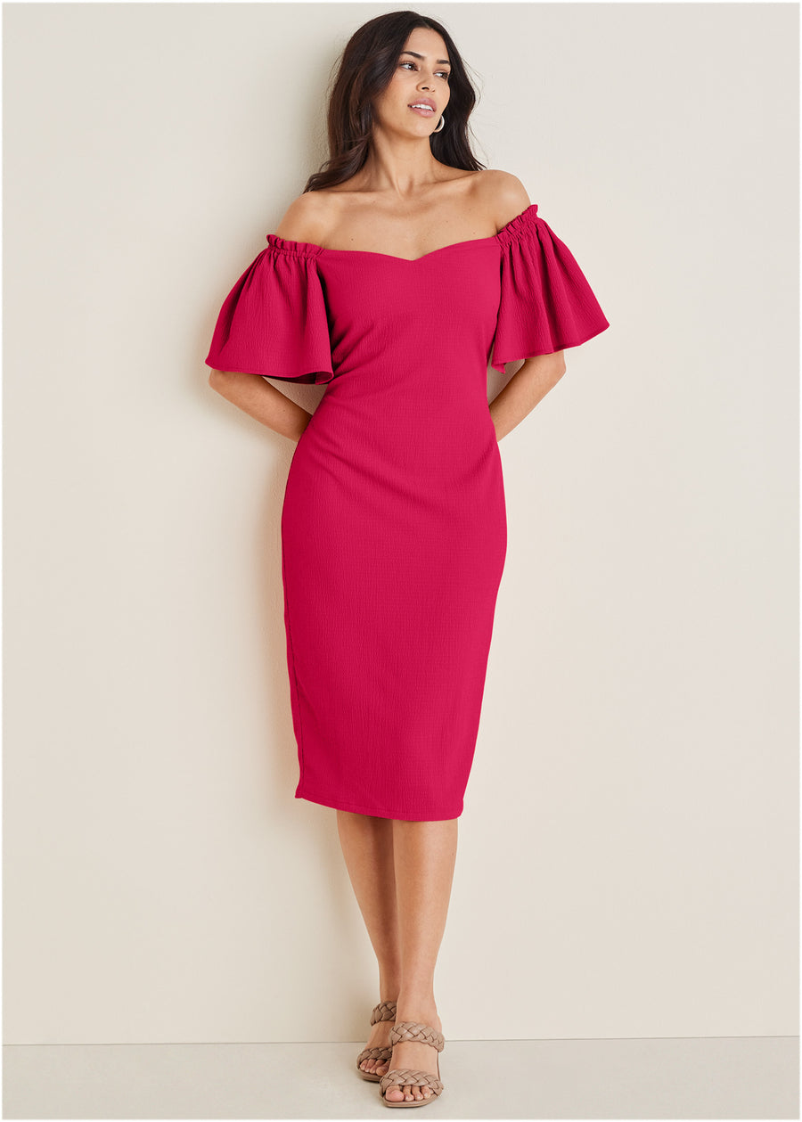 Fluted Satin Midi Dress - Dark Pink