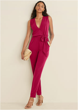 Wrap Tie Jumpsuit - Red - thumbnail-1