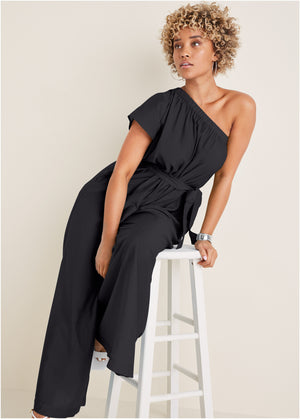 One Shoulder Jumpsuit - Black - thumbnail-4