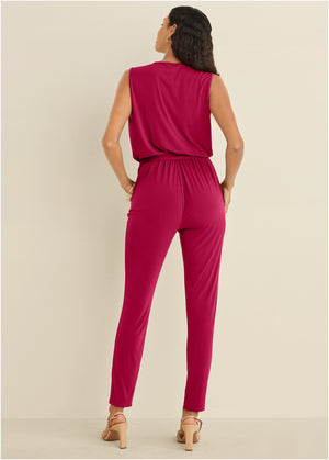 Wrap Tie Jumpsuit - Red - thumbnail-2