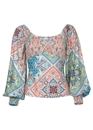 Smocked Printed Top - Boho Tile - thumbnail-3