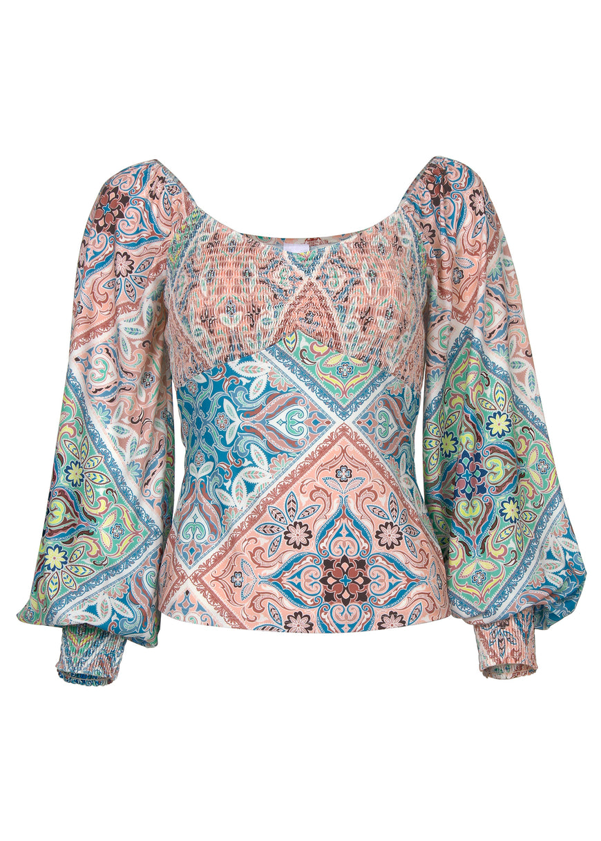 Smocked Printed Top - Boho Tile